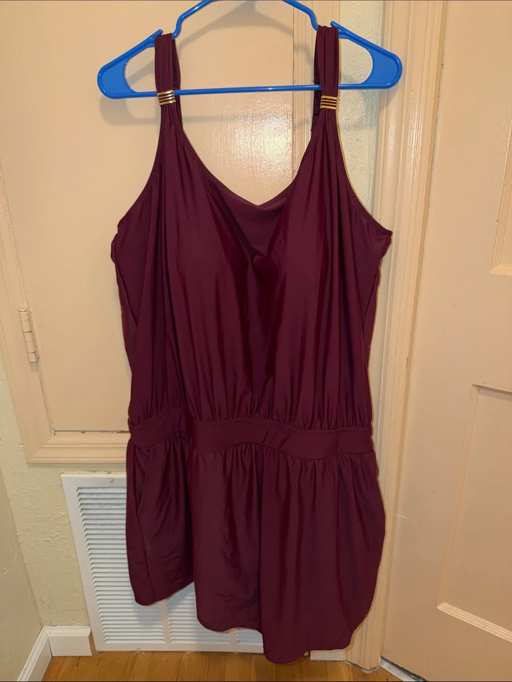 BloomChic Burgundy One-Piece Swim Romper with Pockets & Gold-Tone Strap Accents
